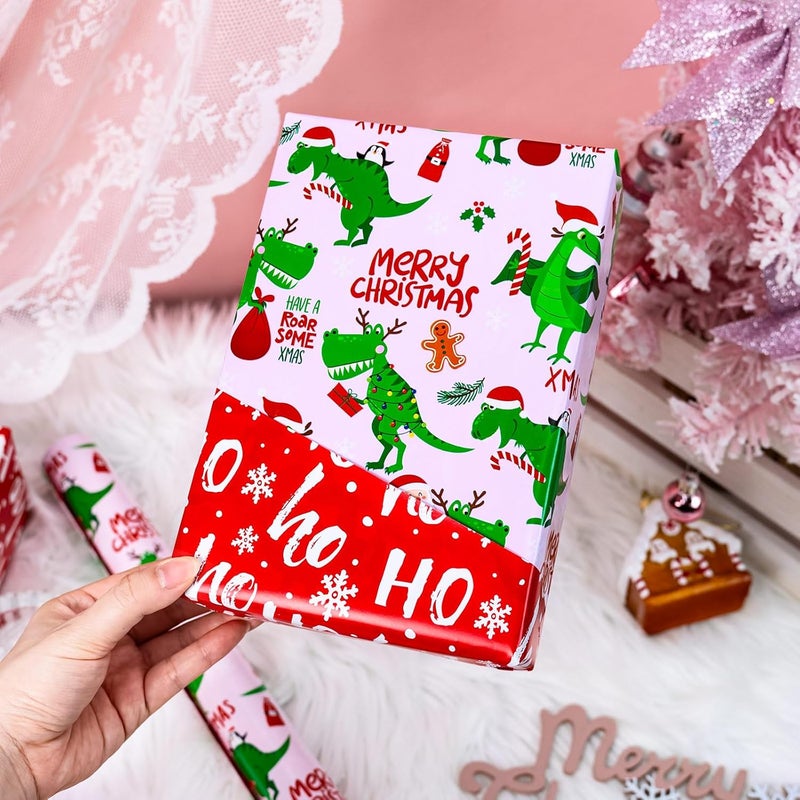 Yarcony Pink Dinosaur Christmas Wrapping Paper, Pink Gift Wrap, Funny Dinosaur and Santa Claus Dino Christmas Gift Wrapping Paper for Girls Kids women Holiday Present Packaging (17 Inch X 33 Feet) - Image 4